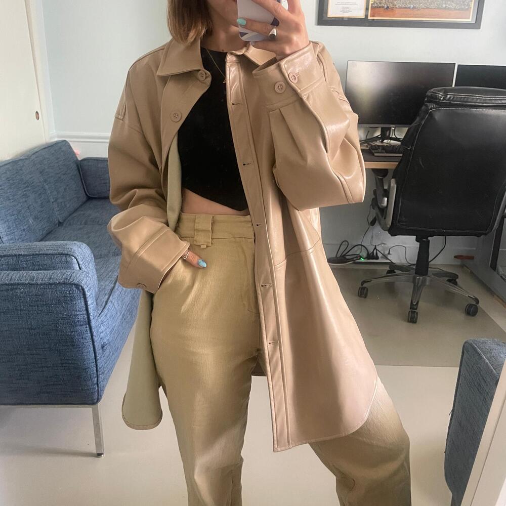 NIA Oversized Faux Leather Shirt Jacket Tan Nude Large